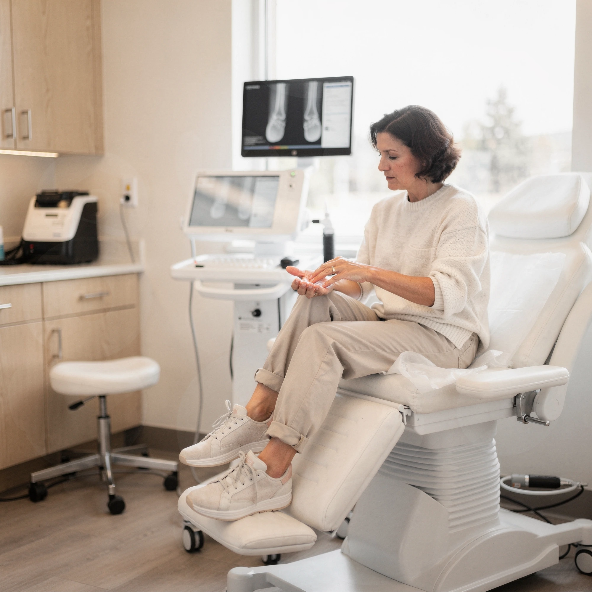 Patient seated in a podiatry chair beside a foot scan monitor – podiatry care in McMinnville, OR